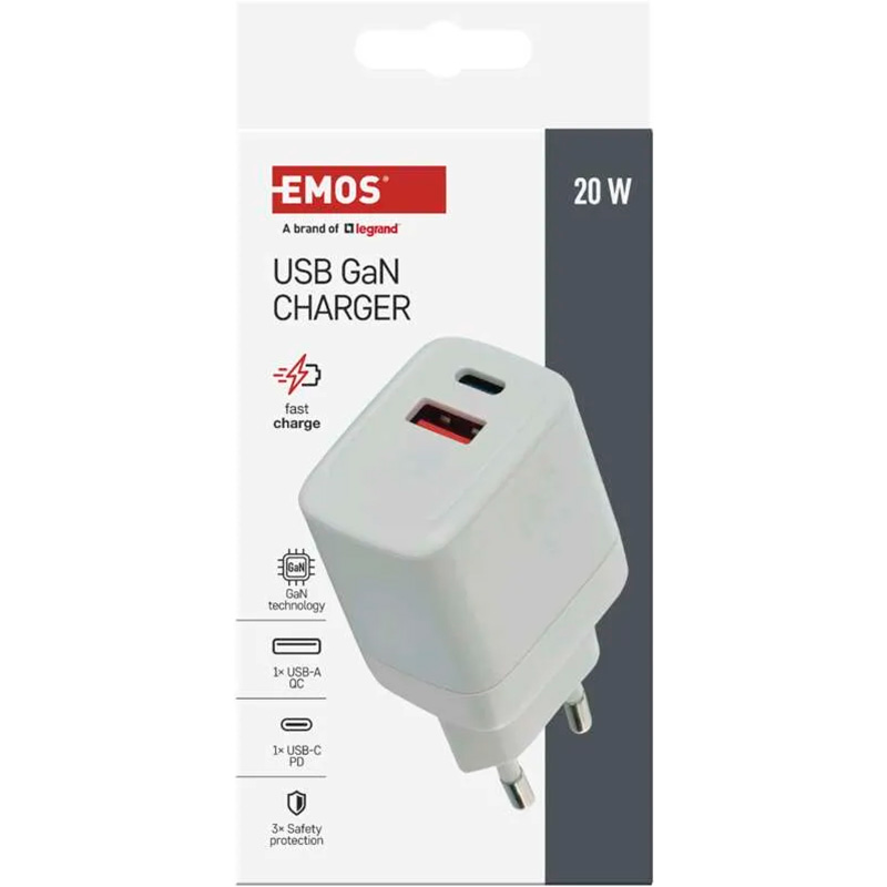 Зарядное устройство EMOS V02G20 1xUSB-A, 1xUSB-C, PD20W, GaN Charger White