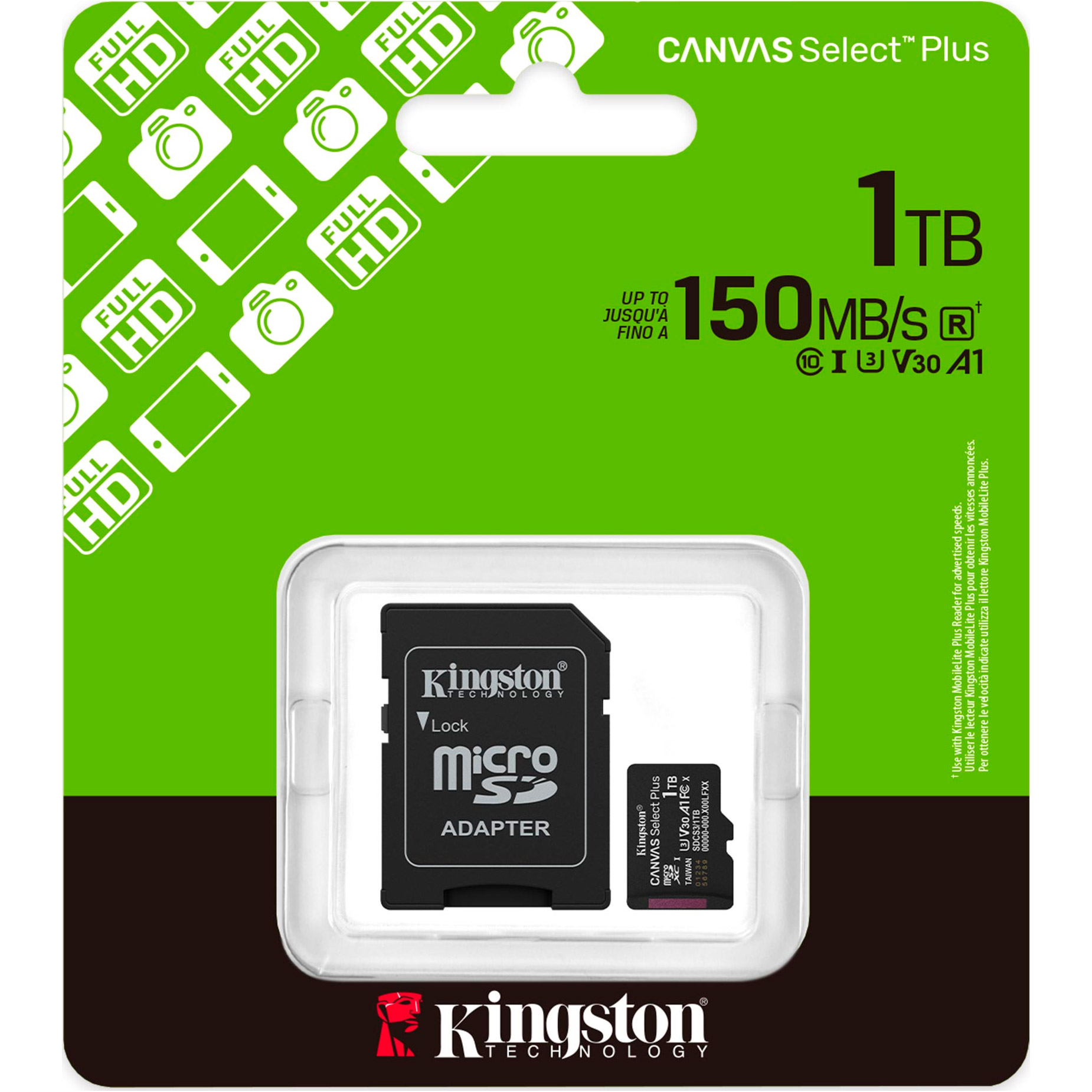 Карта пам'яті KINGSTON microSDXC Canvas Select Plus 1TB UHS-I U3 V30 A1 Class 10 + SD-adapter (SDCS3/1TB)