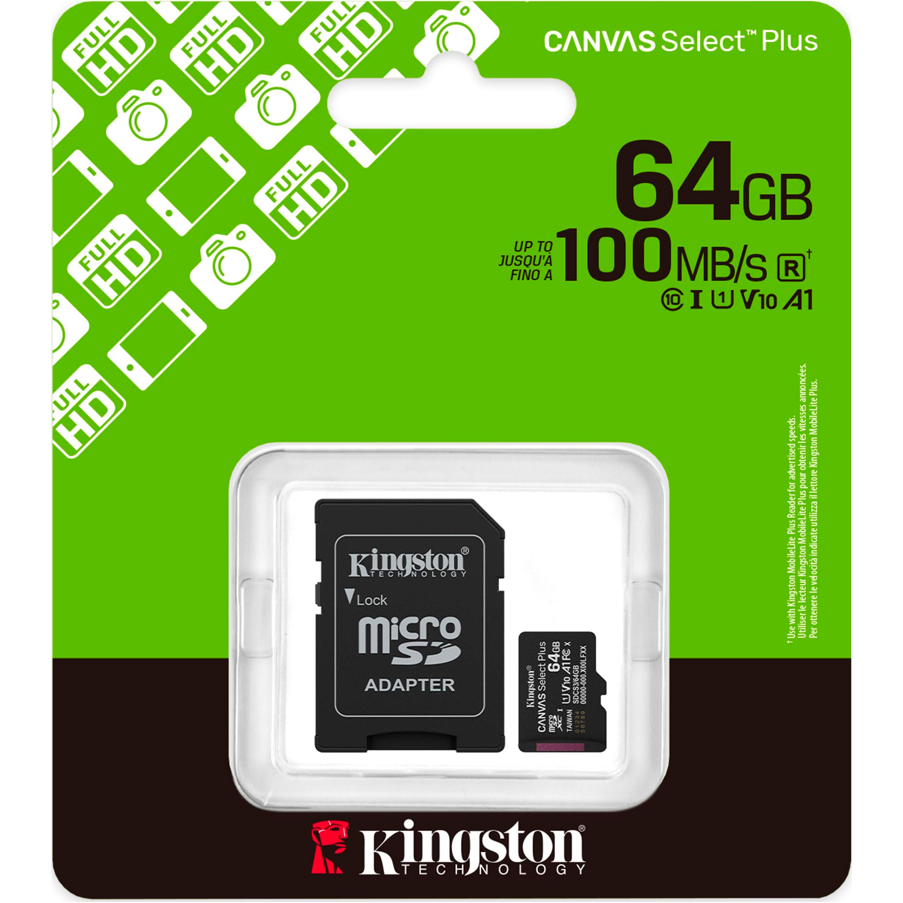 Карта пам'яті KINGSTON microSDXC Canvas Select Plus 64GB UHS-I V10 A1 Class 10 + SD-adapter (SDCS3/64GB)