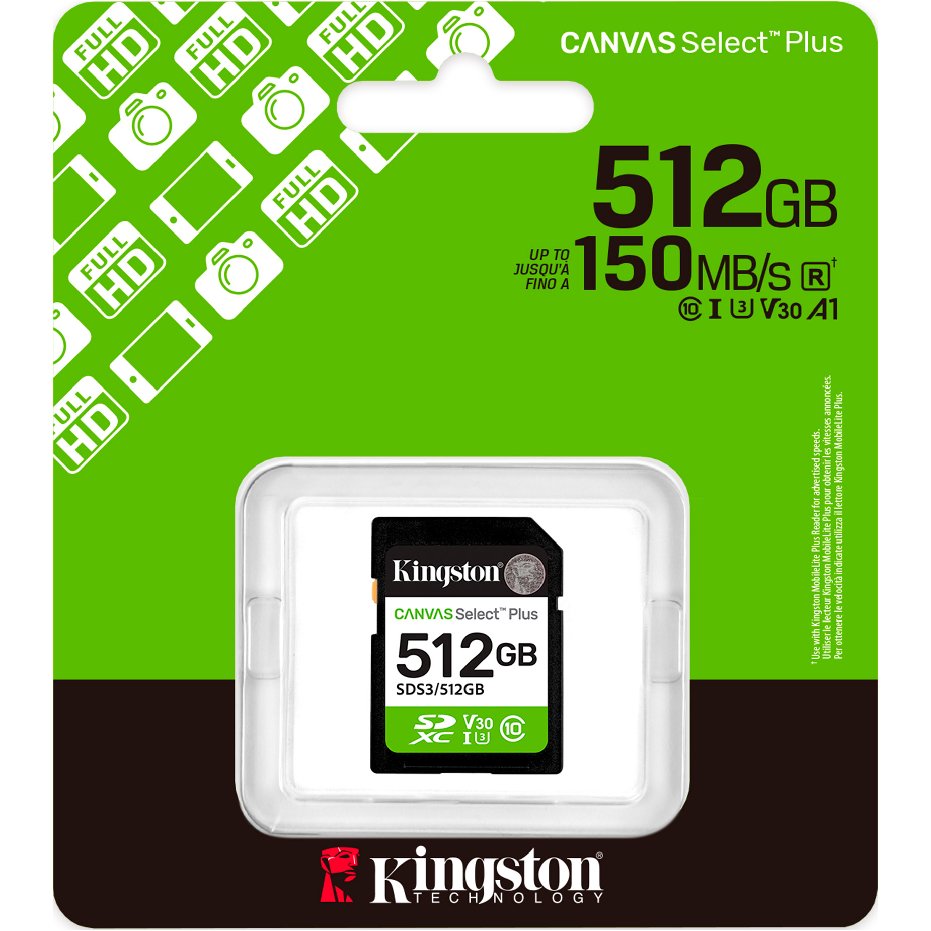 Карта пам'яті KINGSTON SDXC Canvas Select Plus 512GB UHS-I U3 V30 A1 Class 10 (SDS3/512GB)