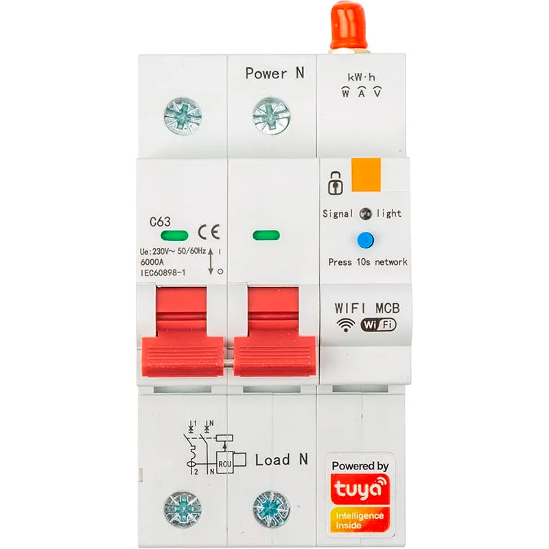 Умный автоматический выключатель с Wi-Fi управлением TUYA SCB02 1p+N, 63А, 6кА