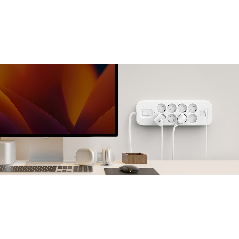 Мережевий фільтр BELKIN Surge Protector White, 8 розеток, 1xUSB-C, 1xUSB, 2м (SRB003VF2M-V2)