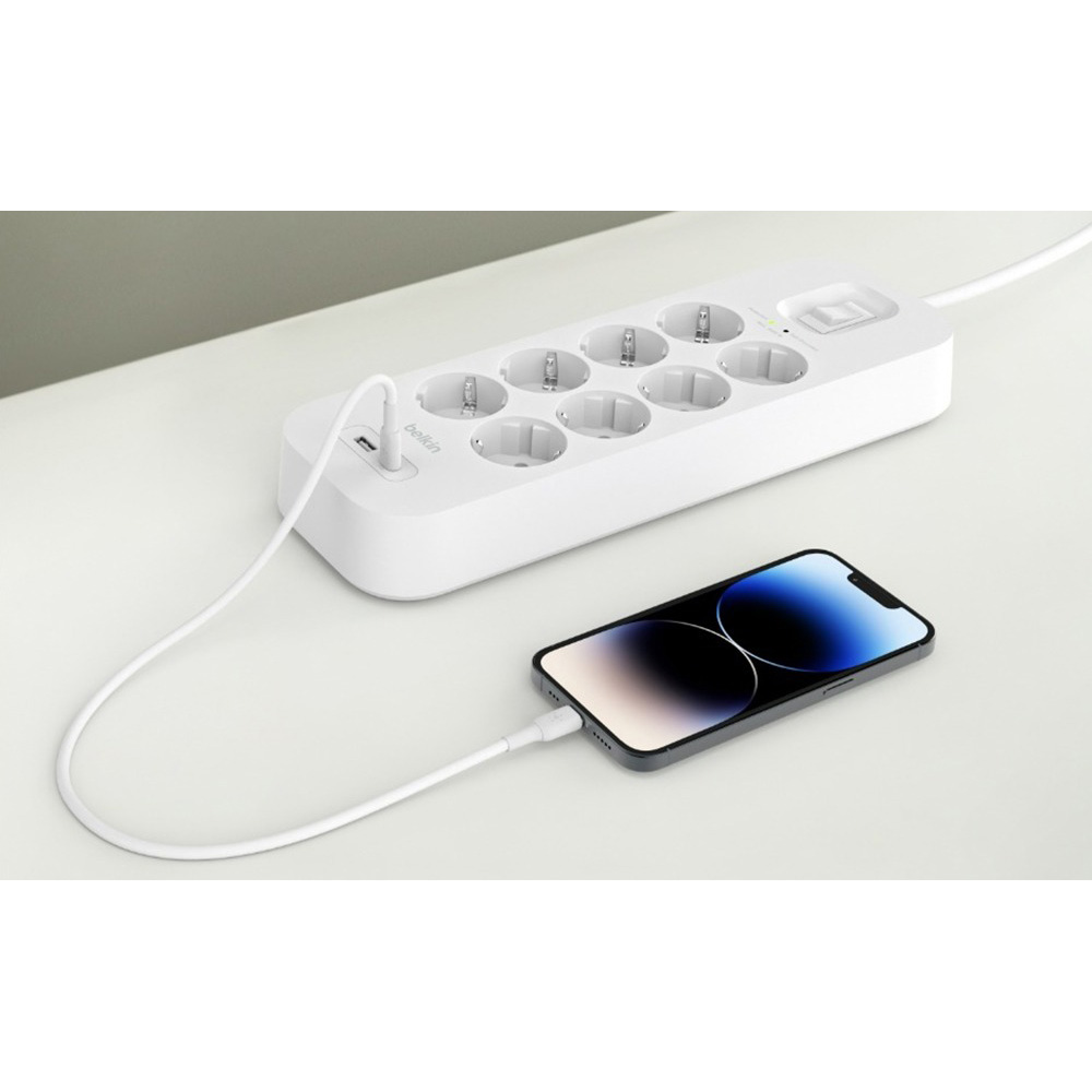 Мережевий фільтр BELKIN Surge Protector White, 8 розеток, 1xUSB-C, 1xUSB, 2м (SRB003VF2M-V2)