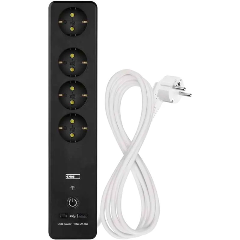 Сетевой фильтр с Wi-Fi управлением EMOS P1422SM Black, 4 розетки, 1xUSB-C, 1xUSB, 2м
