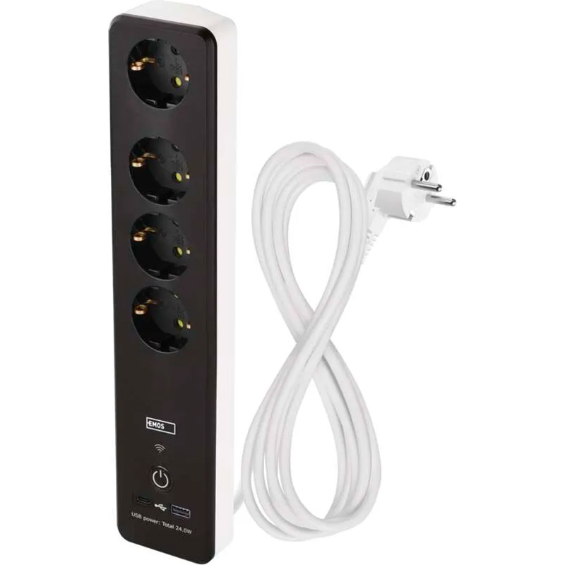 Сетевой фильтр с Wi-Fi управлением EMOS P1422SM Black, 4 розетки, 1xUSB-C, 1xUSB, 2м