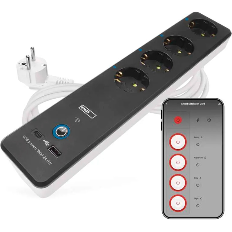 Сетевой фильтр с Wi-Fi управлением EMOS P1422SM Black, 4 розетки, 1xUSB-C, 1xUSB, 2м