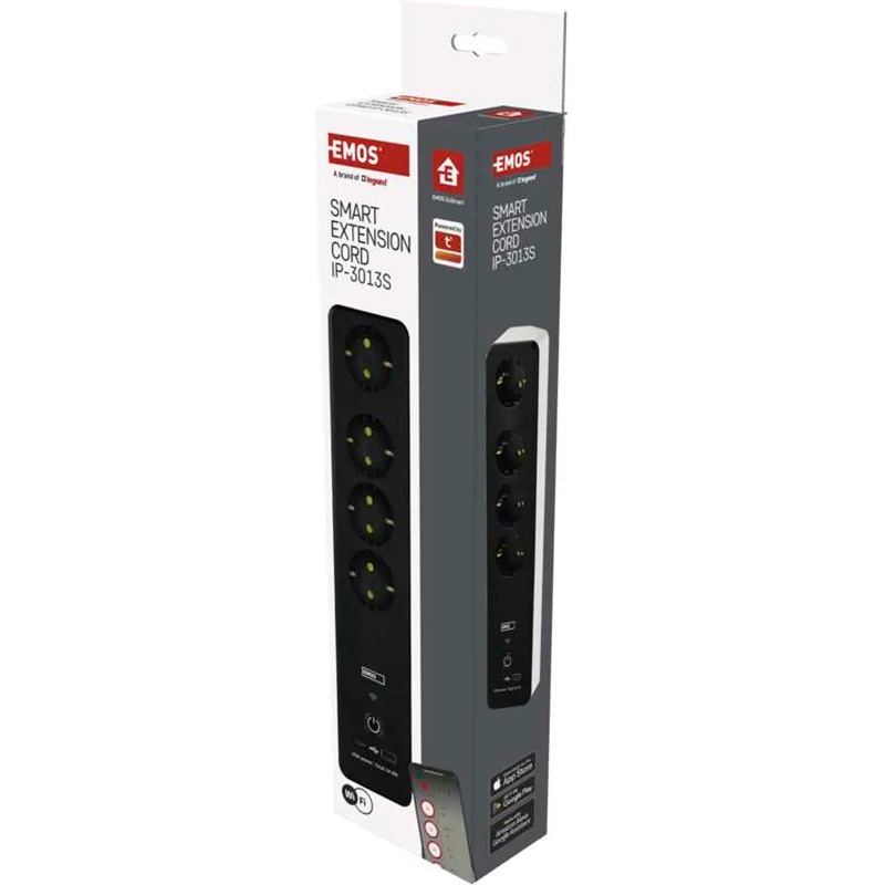 Сетевой фильтр с Wi-Fi управлением EMOS P1422SM Black, 4 розетки, 1xUSB-C, 1xUSB, 2м