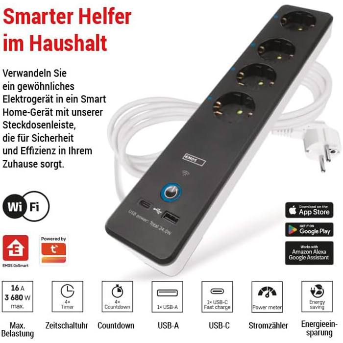 Сетевой фильтр с Wi-Fi управлением EMOS P1422SM Black, 4 розетки, 1xUSB-C, 1xUSB, 2м