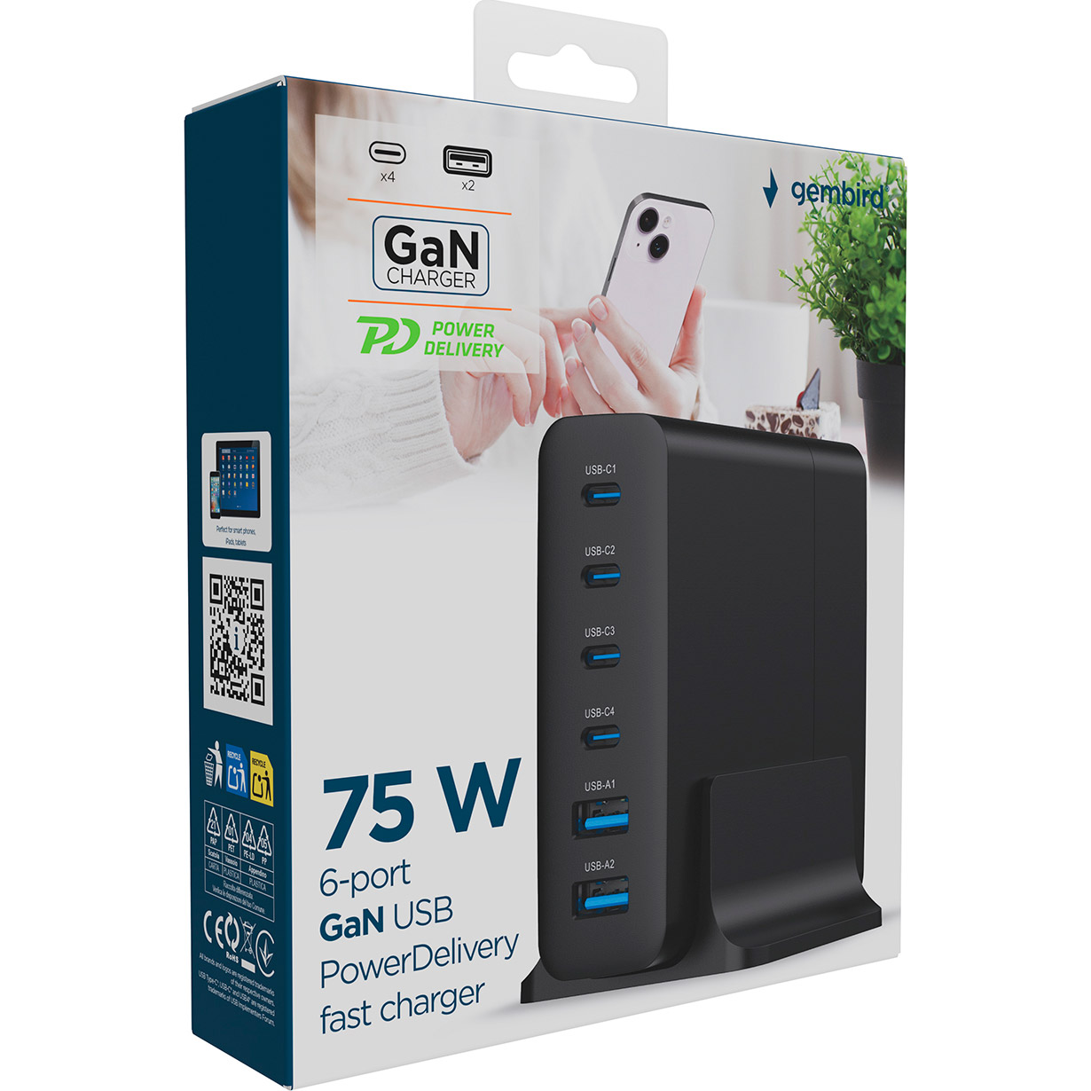 Зарядна станція GEMBIRD 2xUSB-A, 4xUSB-C, PD+QC3.0 GaN 75W Black (TA-UC-2A4C-PD75-01-BK)