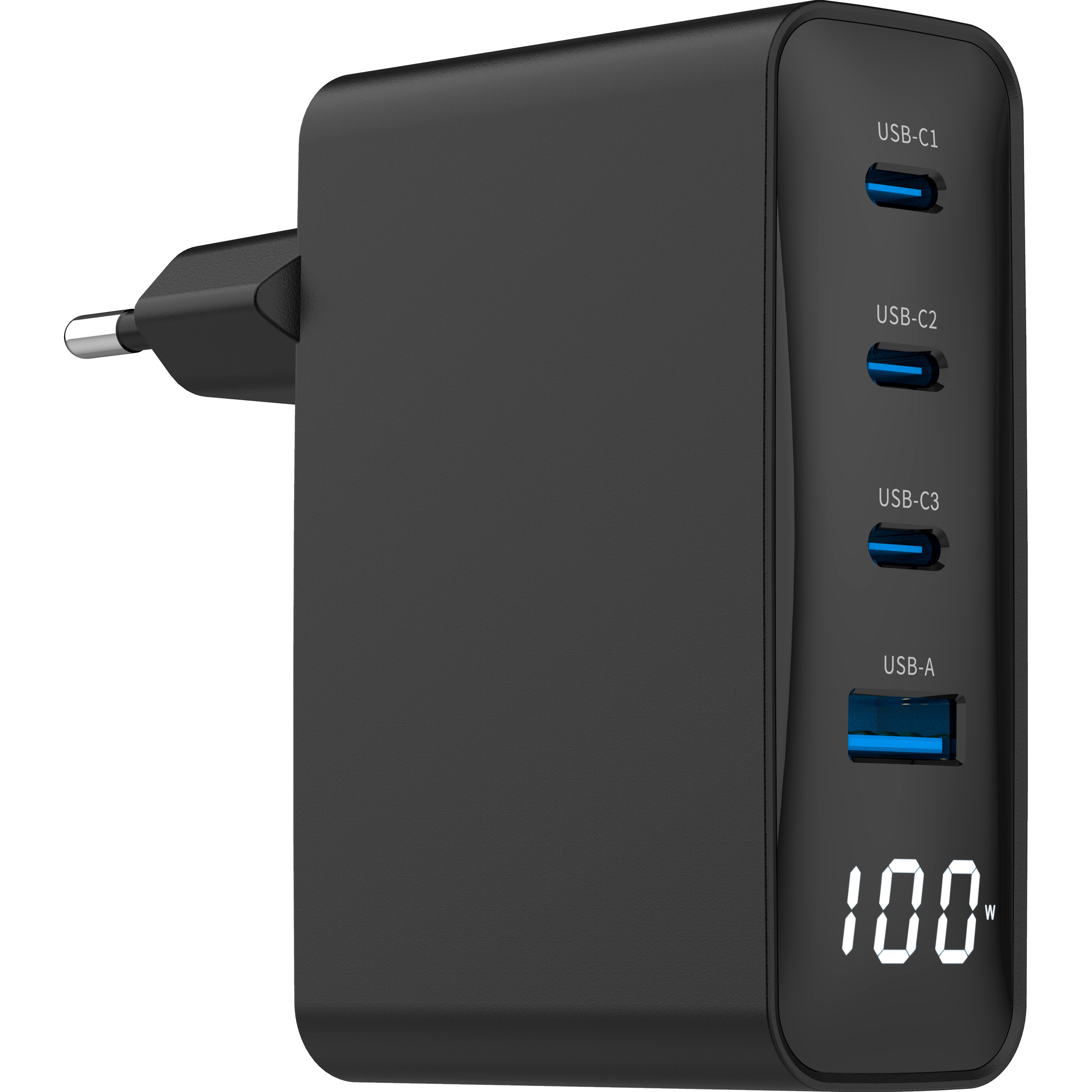 Зарядний пристрій GEMBIRD 1xUSB-A, 3xUSB-C, PD+QC3.0 GaN 100W Black (TA-UC-PDQC100LCD-01-BK)