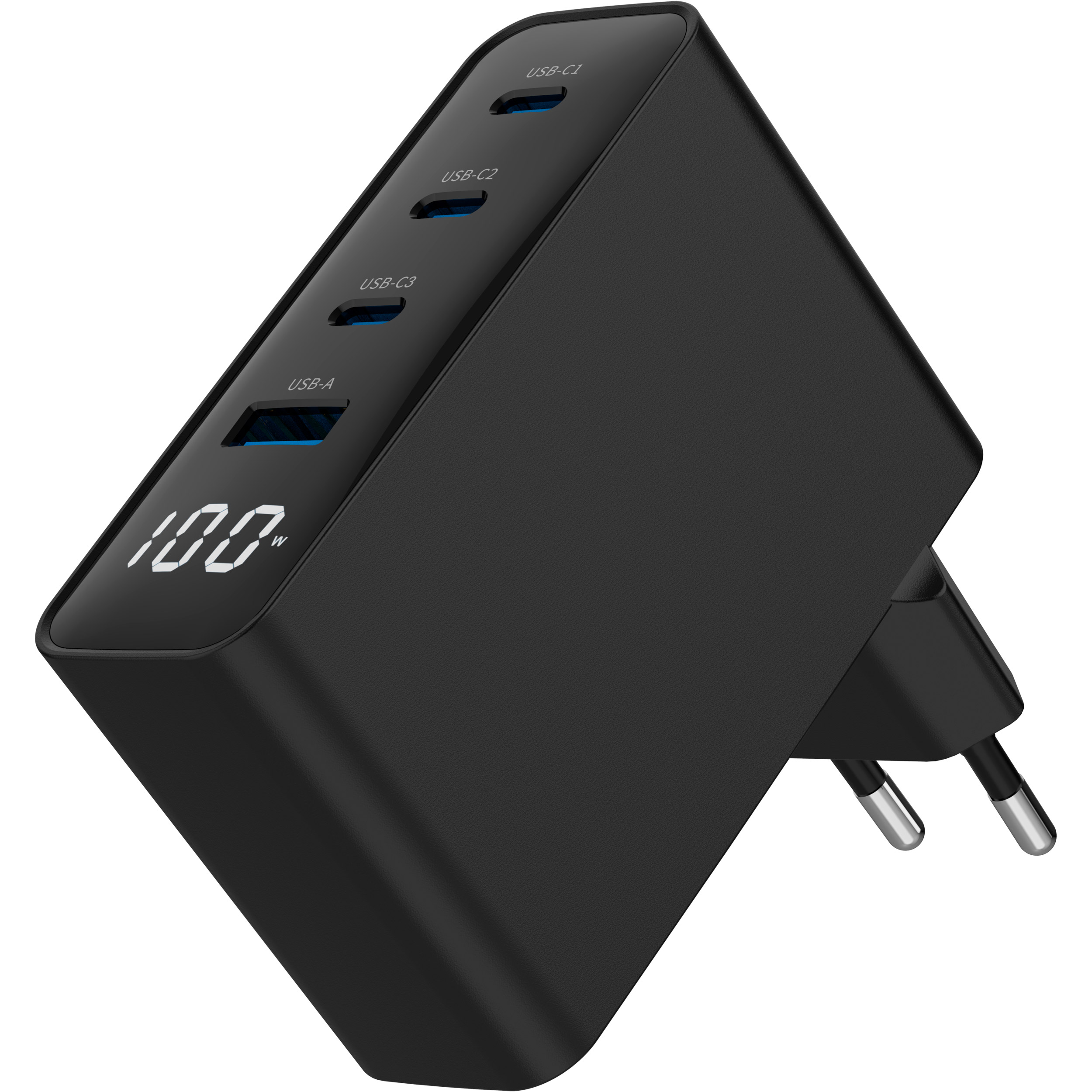 Зарядний пристрій GEMBIRD 1xUSB-A, 3xUSB-C, PD+QC3.0 GaN 100W Black (TA-UC-PDQC100LCD-01-BK)