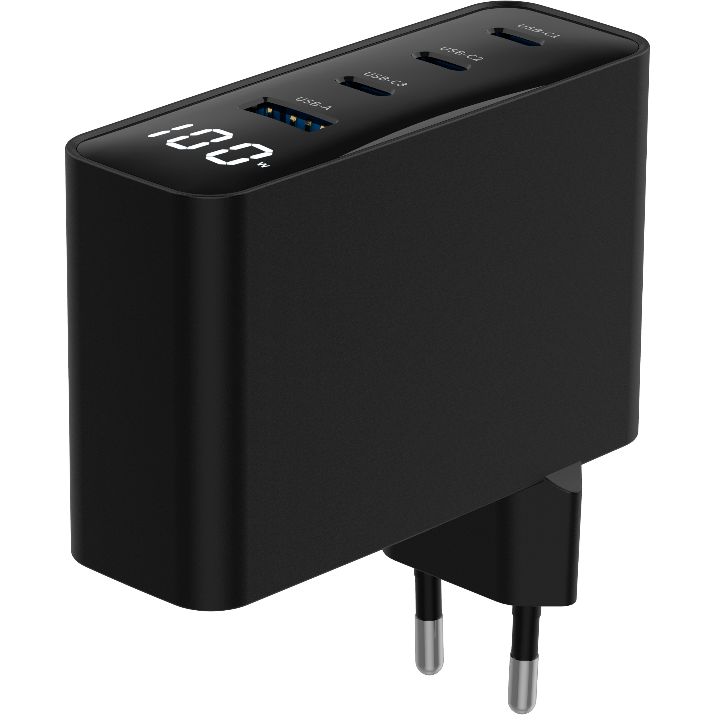 Зарядний пристрій GEMBIRD 1xUSB-A, 3xUSB-C, PD+QC3.0 GaN 100W Black (TA-UC-PDQC100LCD-01-BK)