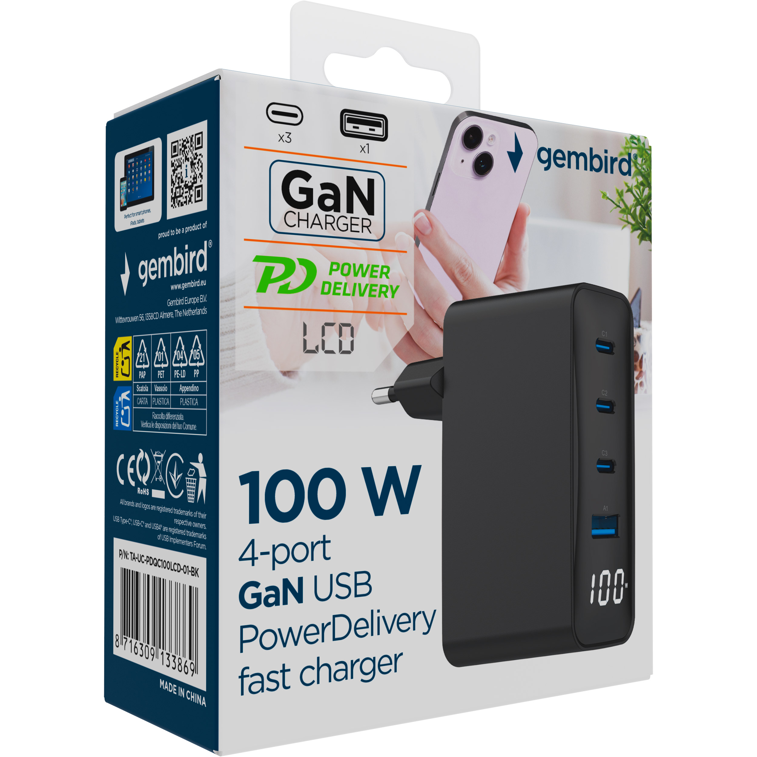 Зарядний пристрій GEMBIRD 1xUSB-A, 3xUSB-C, PD+QC3.0 GaN 100W Black (TA-UC-PDQC100LCD-01-BK)