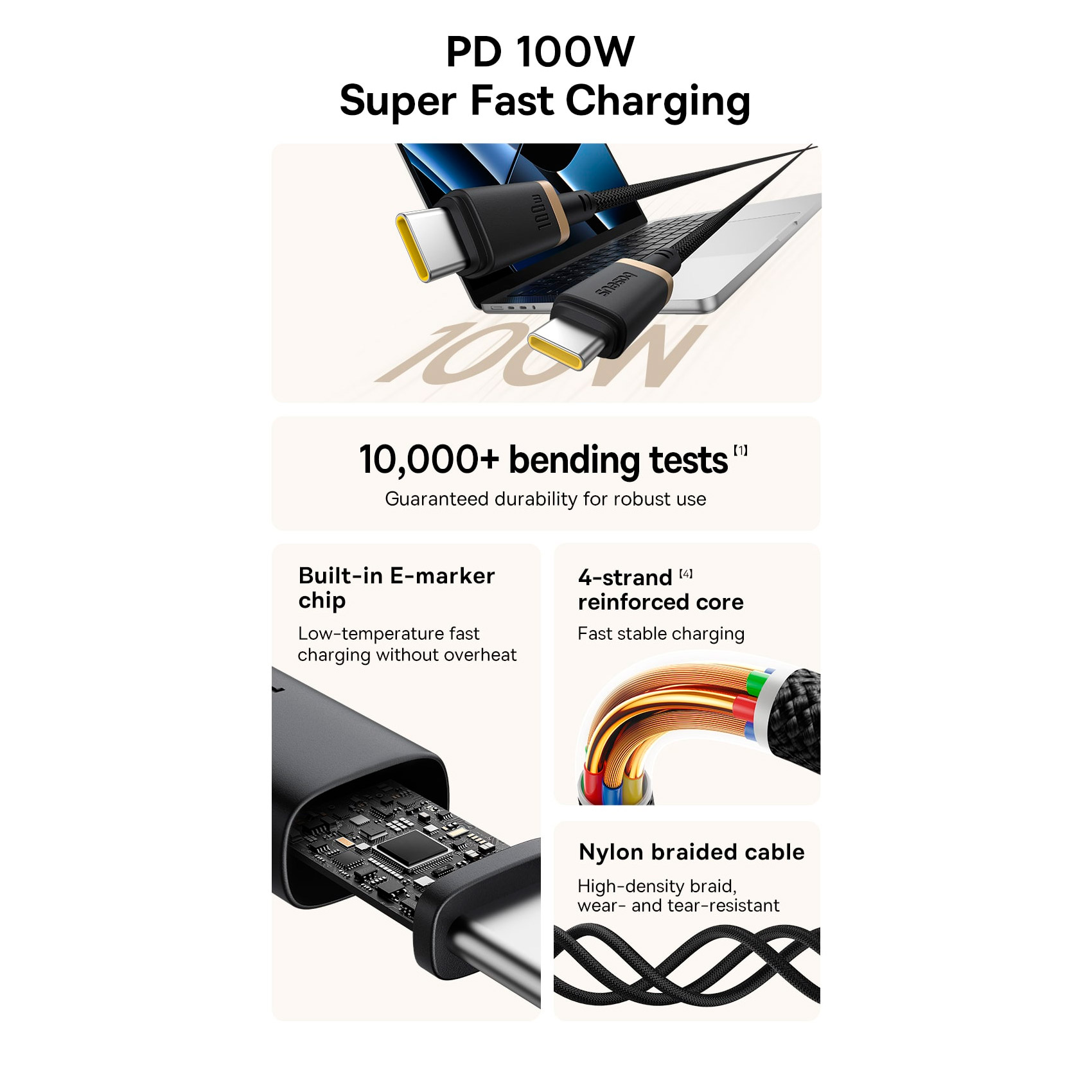 Кабель BASEUS Dura Series Fast Charging Cable Type-C to Type-C 100W 1м Gold/Black (P10377803U01-00)