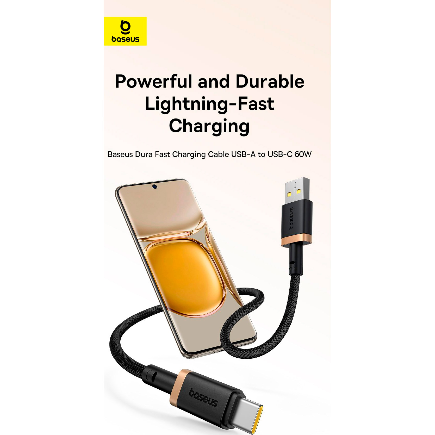 Кабель BASEUS Dura Series Fast Charging Cable USB to Type-C 60W 2м Black/Gold (P10377802U01-02)