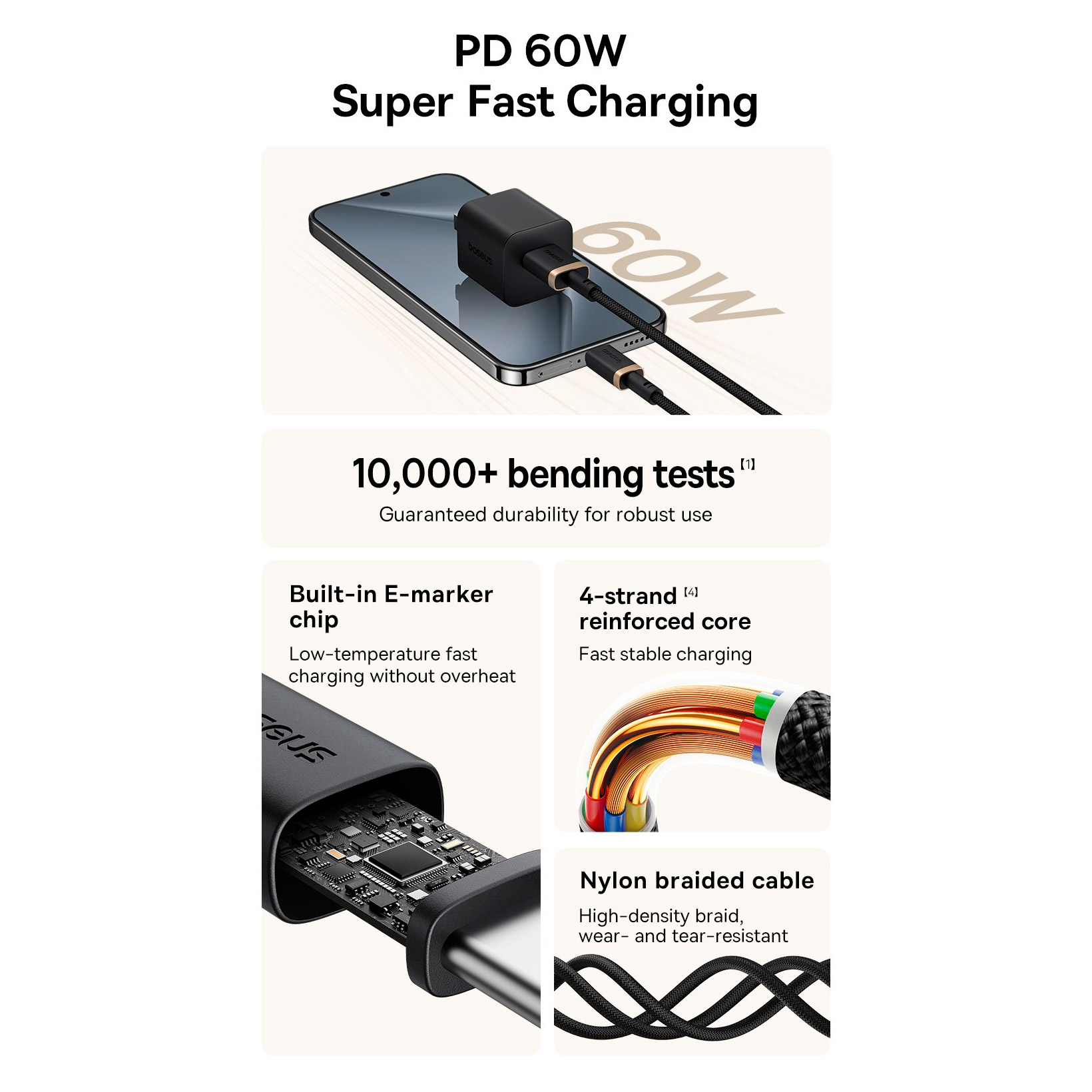 Кабель BASEUS Dura Series Fast Charging Cable USB to Type-C 60W 2м Black/Gold (P10377802U01-02)