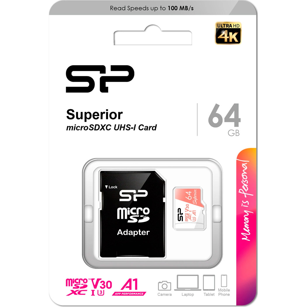 Карта пам'яті SILICON POWER microSDXC Superior 64GB UHS-I U3 V30 A1 Class 10 + SD-adapter (SP064GBSTXDV3V20SP)