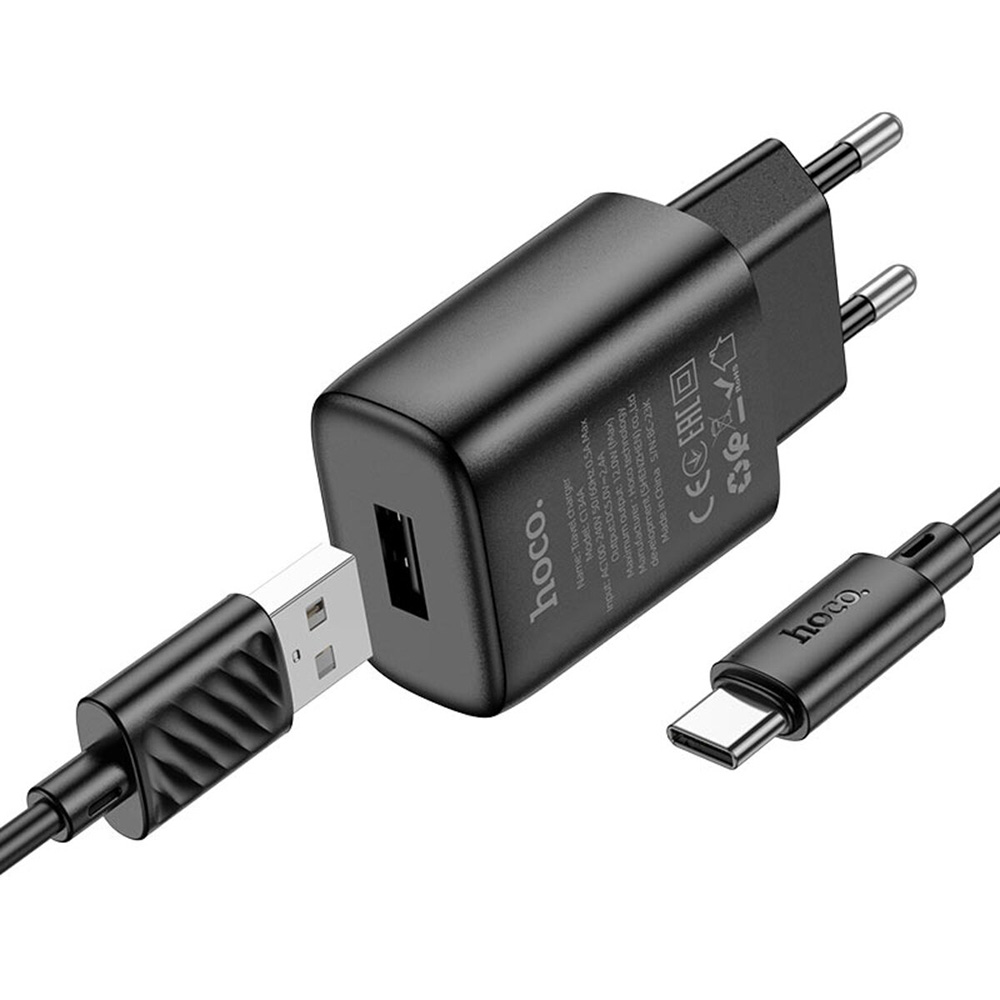 Зарядний пристрій HOCO C134A Solid 1xUSB-A, 12W Black w/Type-C cable (6942007621359)