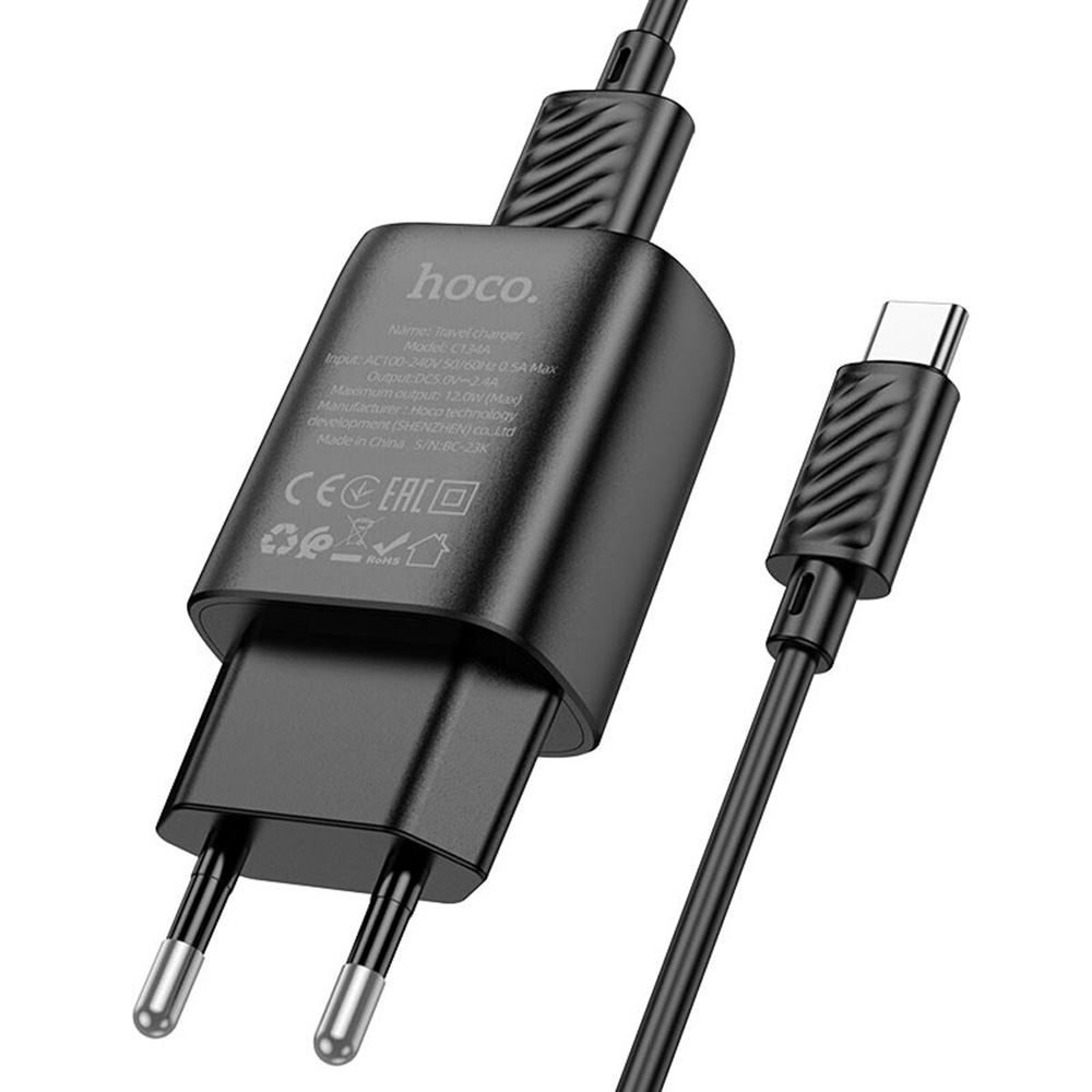 Зарядний пристрій HOCO C134A Solid 1xUSB-A, 12W Black w/Type-C cable (6942007621359)
