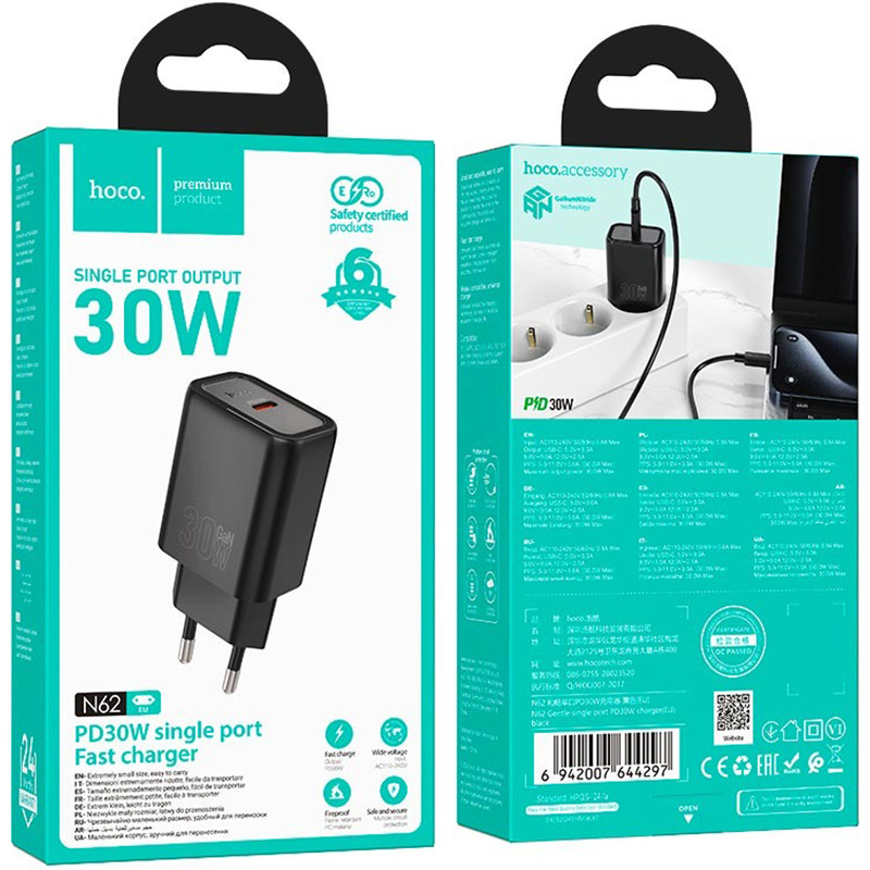 Зарядний пристрій HOCO N62 Gentle GaN 1xUSB-C, PD30W Black (6942007644297)
