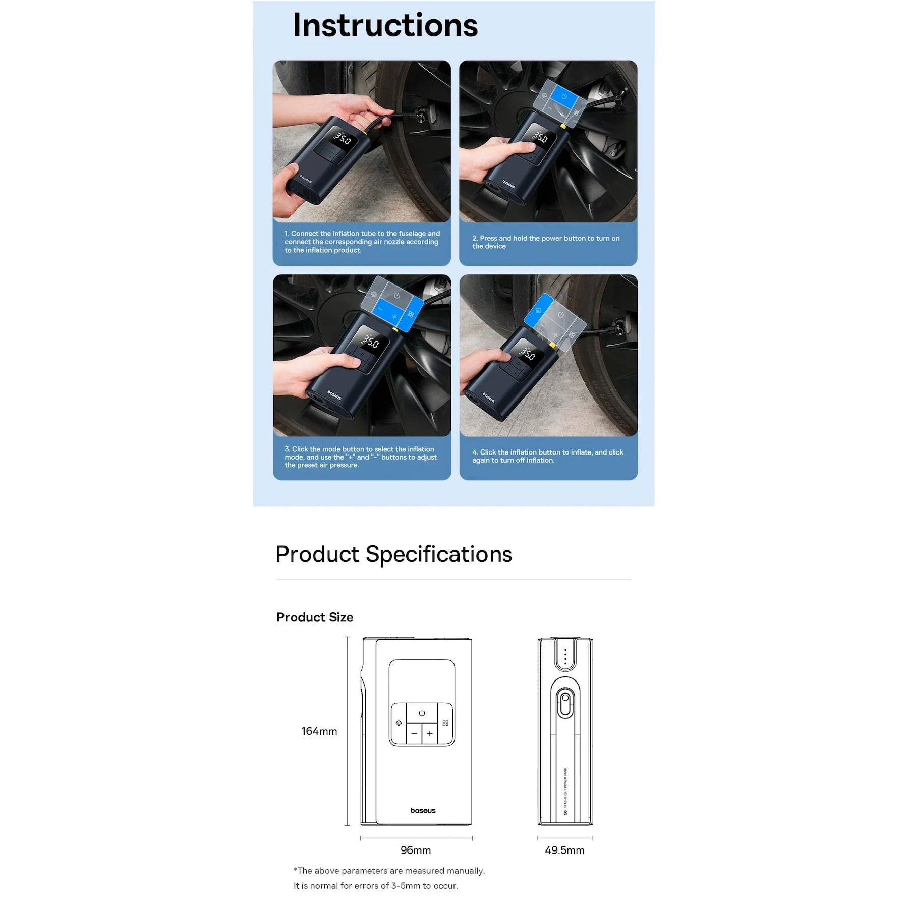 Портативний насос BASEUS PrimeTrip VA1 Wired and Wireless 2-in-1 Tire Inflator Cosmic Black (C11169001121-00)