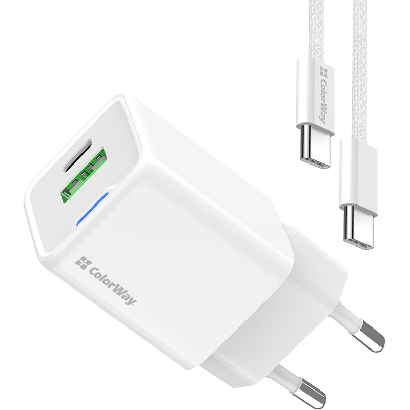 Зарядний пристрій COLORWAY GaN Mini 20W 1xUSB-A, 1xUSB-C Fast Charging White w/Type-C cable (CW-CHS062PDC-WT)
