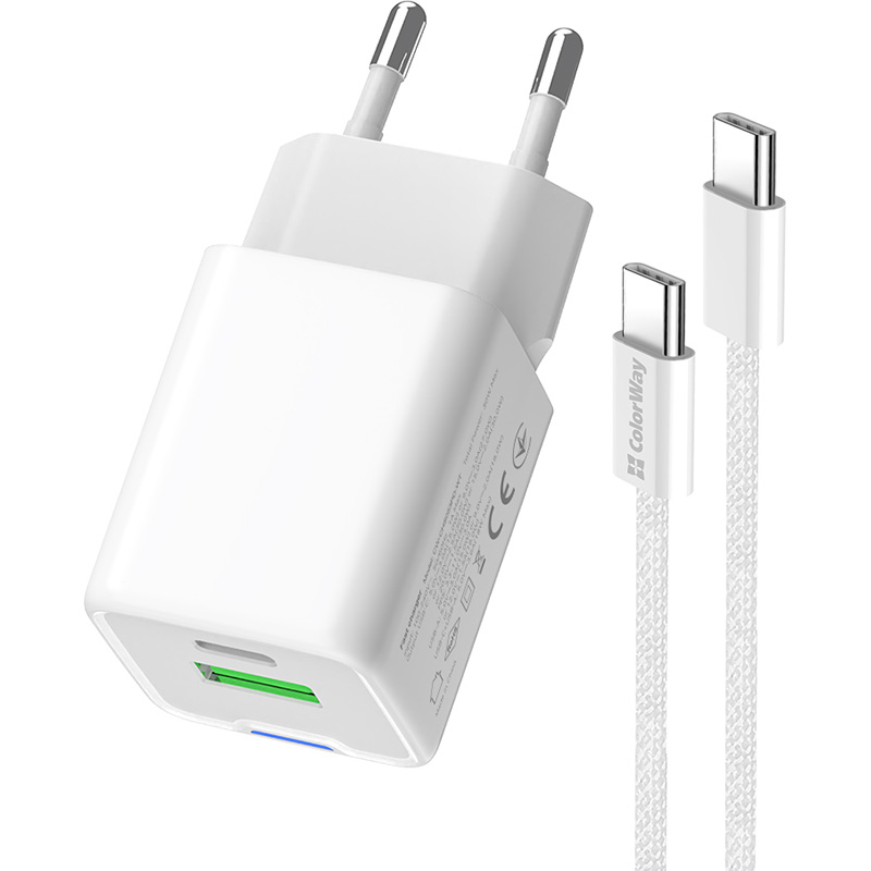 Зарядний пристрій COLORWAY GaN Mini 20W 1xUSB-A, 1xUSB-C Fast Charging White w/Type-C cable (CW-CHS062PDC-WT)