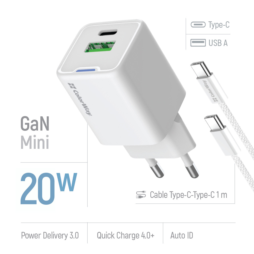 Зарядний пристрій COLORWAY GaN Mini 20W 1xUSB-A, 1xUSB-C Fast Charging White w/Type-C cable (CW-CHS062PDC-WT)