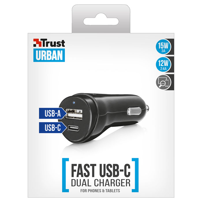 Автомобильное зарядное устройство TRUST Urban 17W USB-A/USB-C Charger Black (21588)