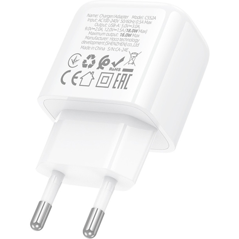 Зарядное устройство HOCO CS52A Surplus 1xUSB-A, QC3.0, 18W White (HOCO CS52A/W)