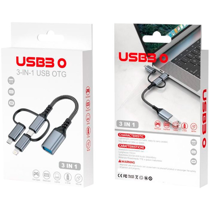 Адаптер OTG XOKO AC-155 3-in-1 USB-A Female to Type-C/Lightning/Micro-USB Male Gray (XK-AC-155)