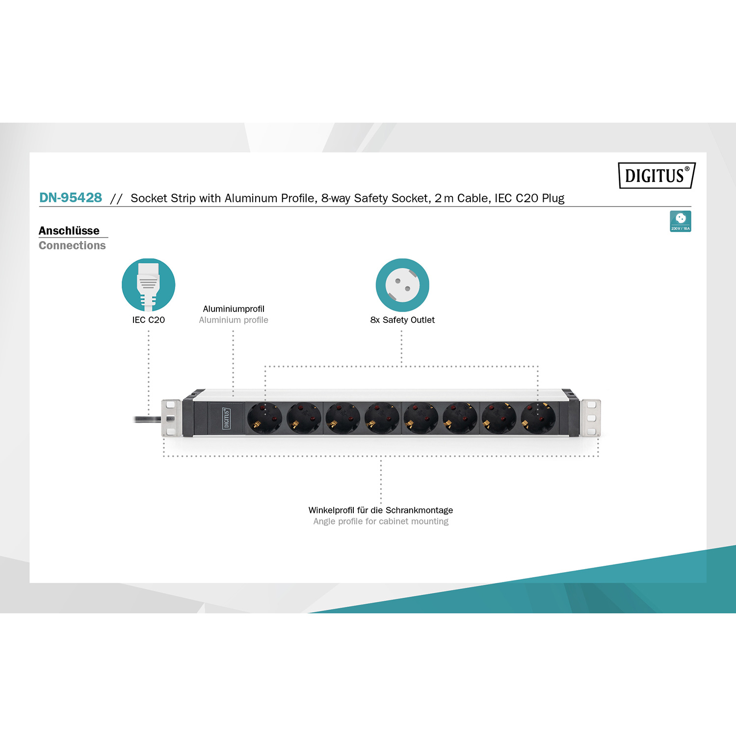 Блок розеток DIGITUS 19", 1U, 8xSchuko, 16А, без выключателя, 2м (DN-95428)