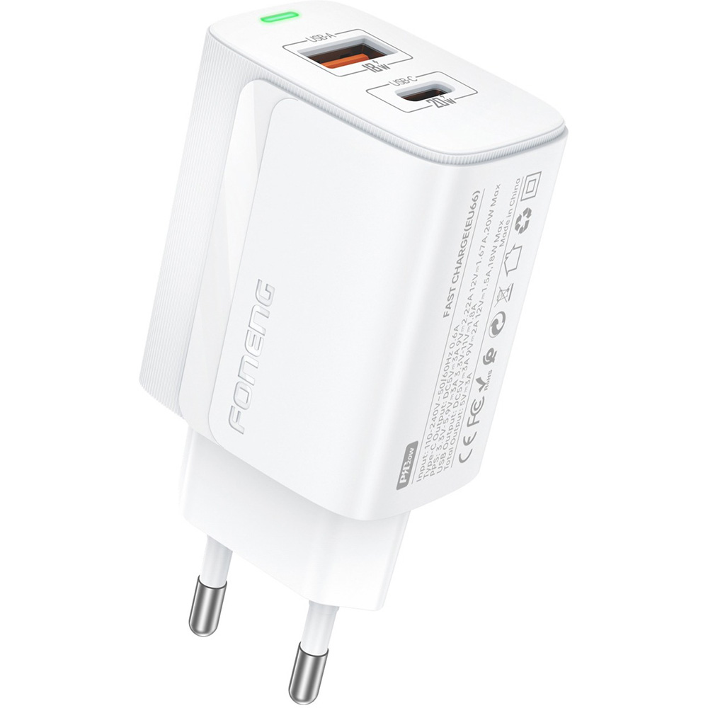 Зарядное устройство FONENG EU66 1xUSB-A, 1xUSB-C PD20W Fast Charger White