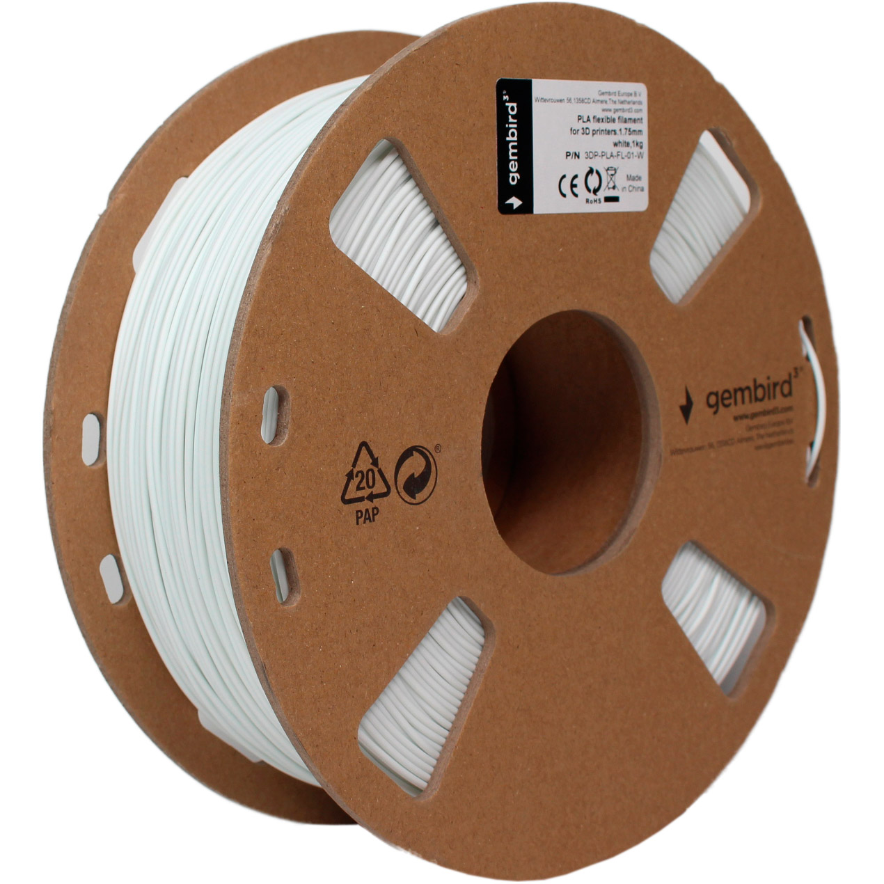 Пластик (філамент) для 3D принтера GEMBIRD PLA Flexible 1.75mm, 1кг, White (3DP-PLA-FL-01-W)