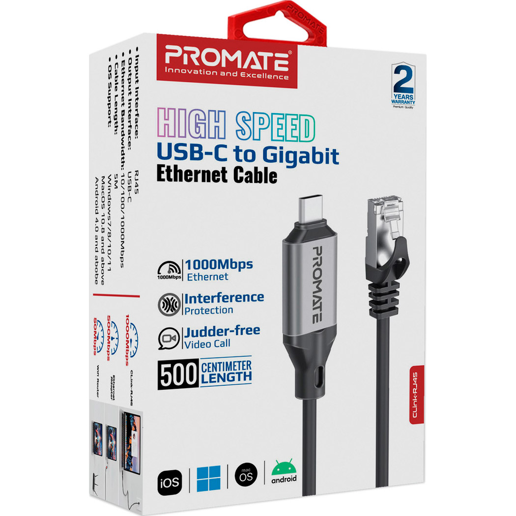 Сетевой адаптер PROMATE CLink-RJ45 High-Speed USB-C to Gigabit Ethernet Cable 5m Black