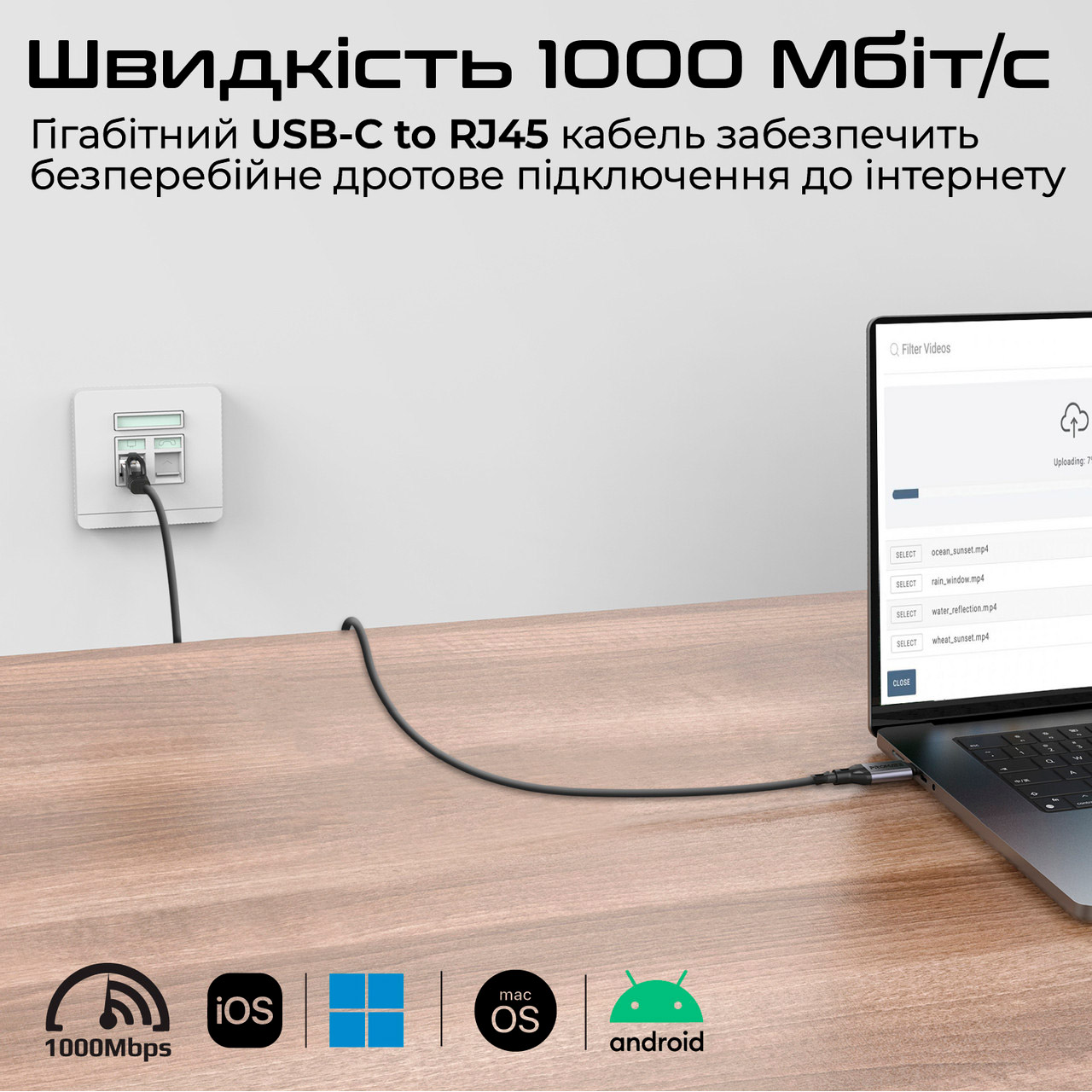 Сетевой адаптер PROMATE CLink-RJ45 High-Speed USB-C to Gigabit Ethernet Cable 5m Black