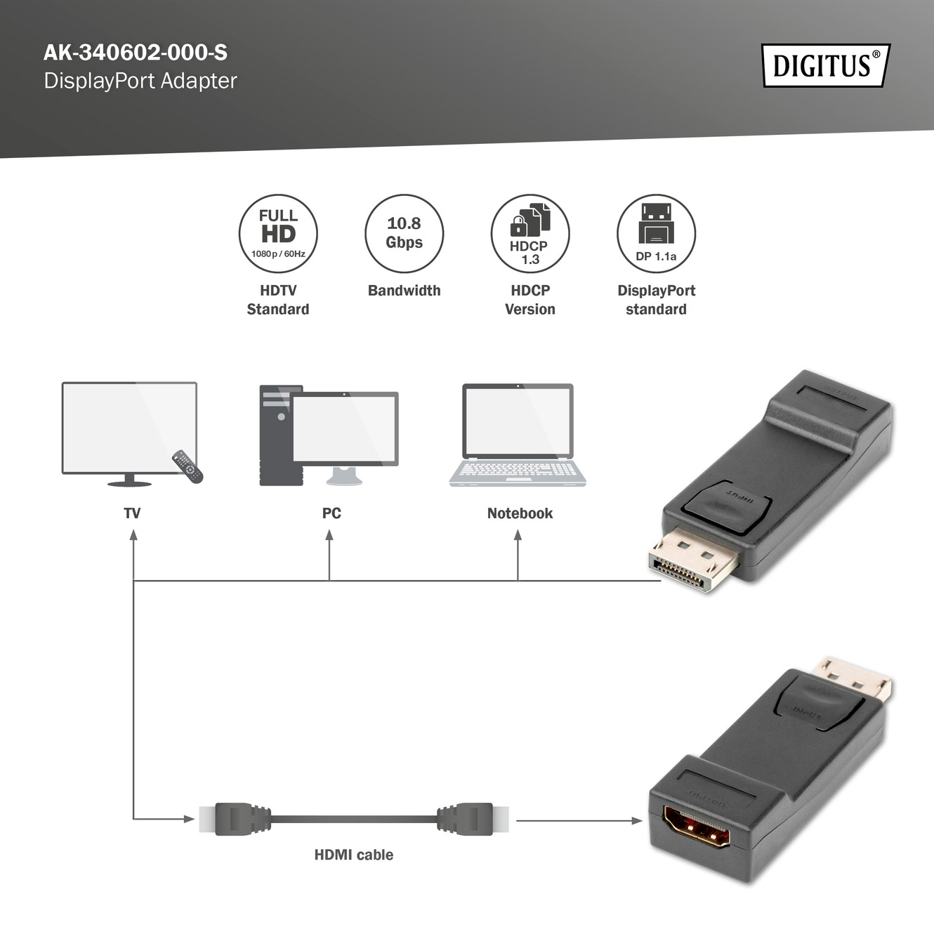 Адаптер DIGITUS 1080p 60Hz DisplayPort - HDMI Black (AK-340602-000-S)