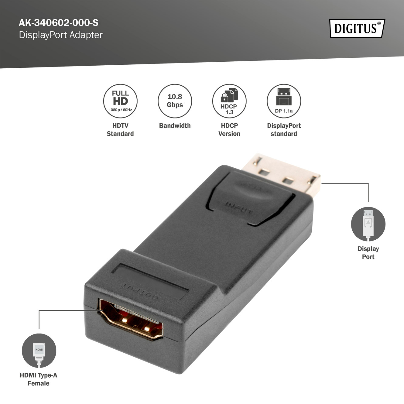 Адаптер DIGITUS 1080p 60Hz DisplayPort - HDMI Black (AK-340602-000-S)