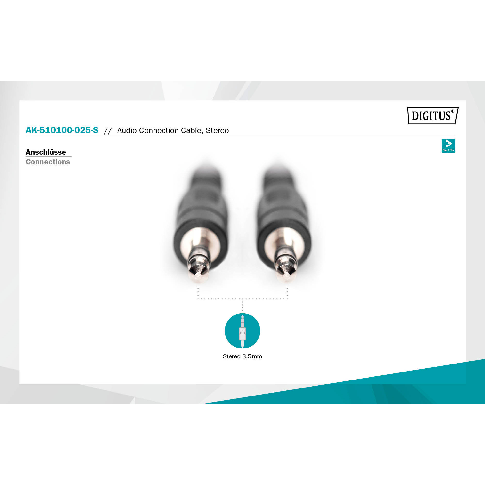 Кабель DIGITUS Audio Connection Cable mini-jack 3.5mm 2.5м Black (AK-510100-025-S)