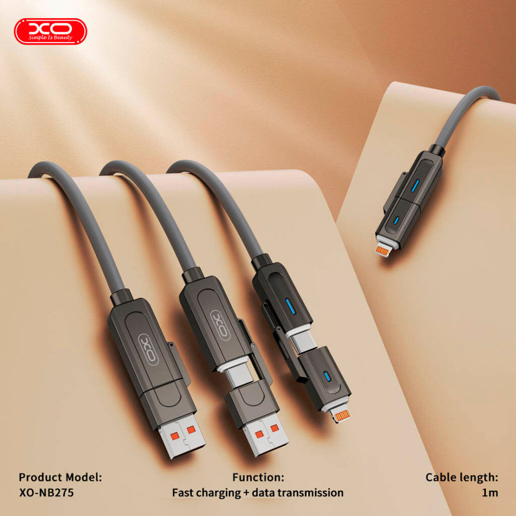 Кабель XO NB275 4-in-1 Type-C/USB-A to Type-C/Lightning 1м Gray