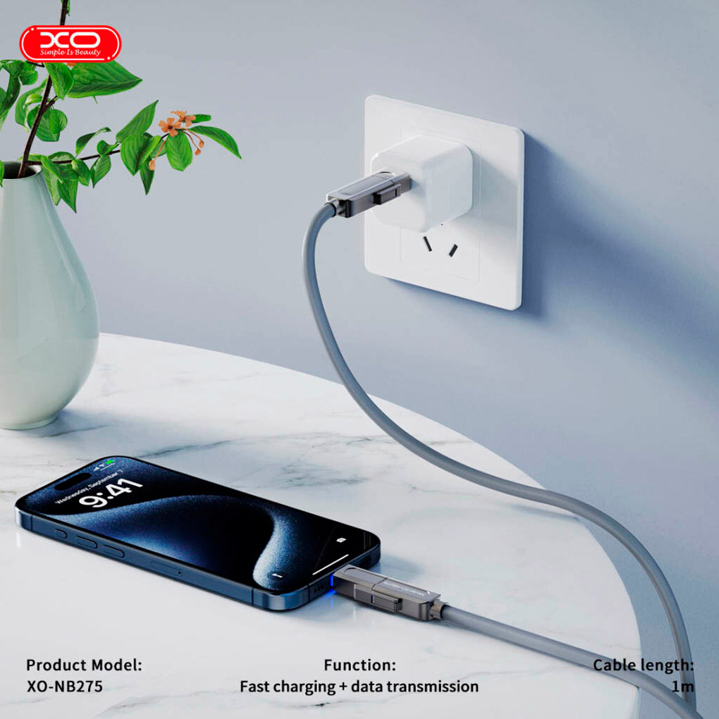 Кабель XO NB275 4-in-1 Type-C/USB-A to Type-C/Lightning 1м Gray
