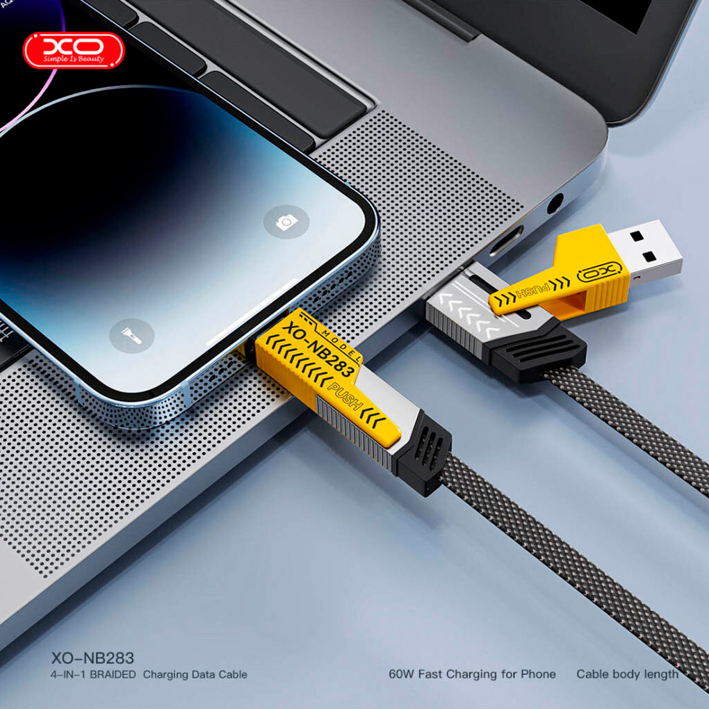 Кабель XO NB283 4-in-1 Type-C/USB-A to Type-C/Lightning 1м Ferrous