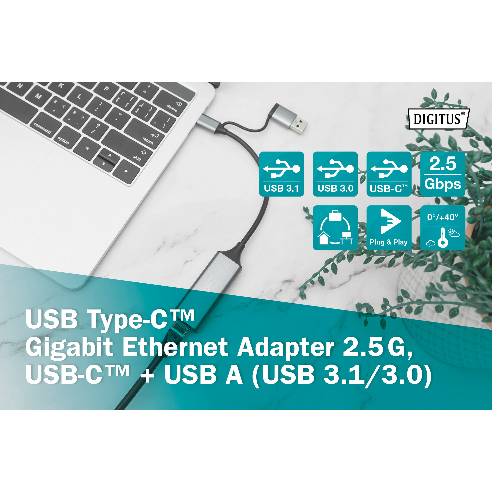 Мережевий адаптер DIGITUS USB 3.0/USB-C 3.1 to 2.5G Ethernet Adapter (DN-3028)