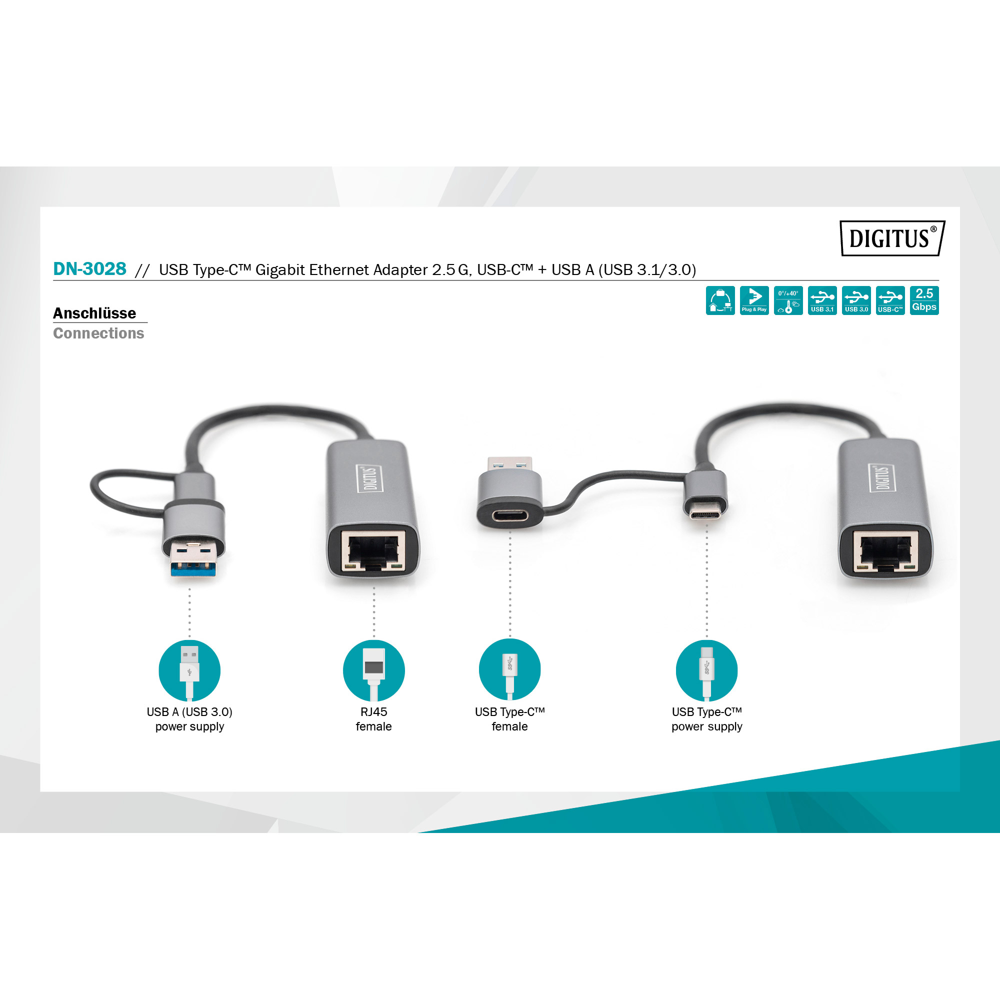 Мережевий адаптер DIGITUS USB 3.0/USB-C 3.1 to 2.5G Ethernet Adapter (DN-3028)