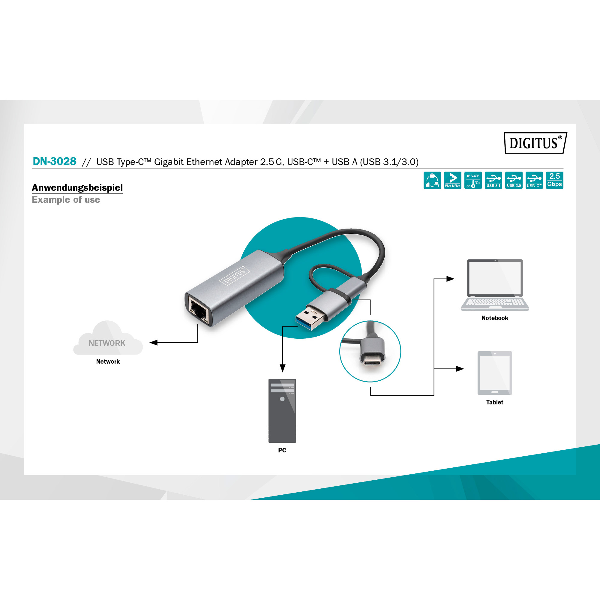 Мережевий адаптер DIGITUS USB 3.0/USB-C 3.1 to 2.5G Ethernet Adapter (DN-3028)