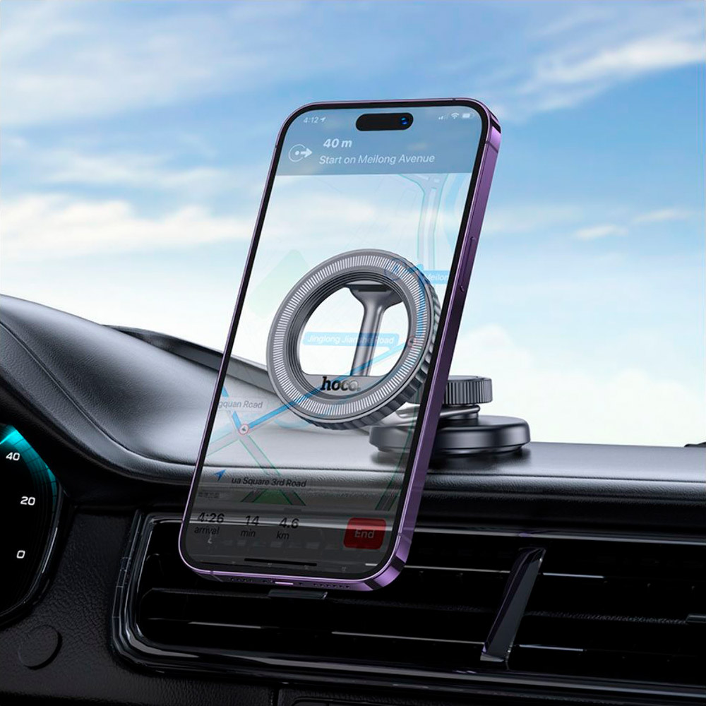 Автотримач для смартфона HOCO H77 View Folding Magnetic Rng Car Holder Center Console Black Metal Gray