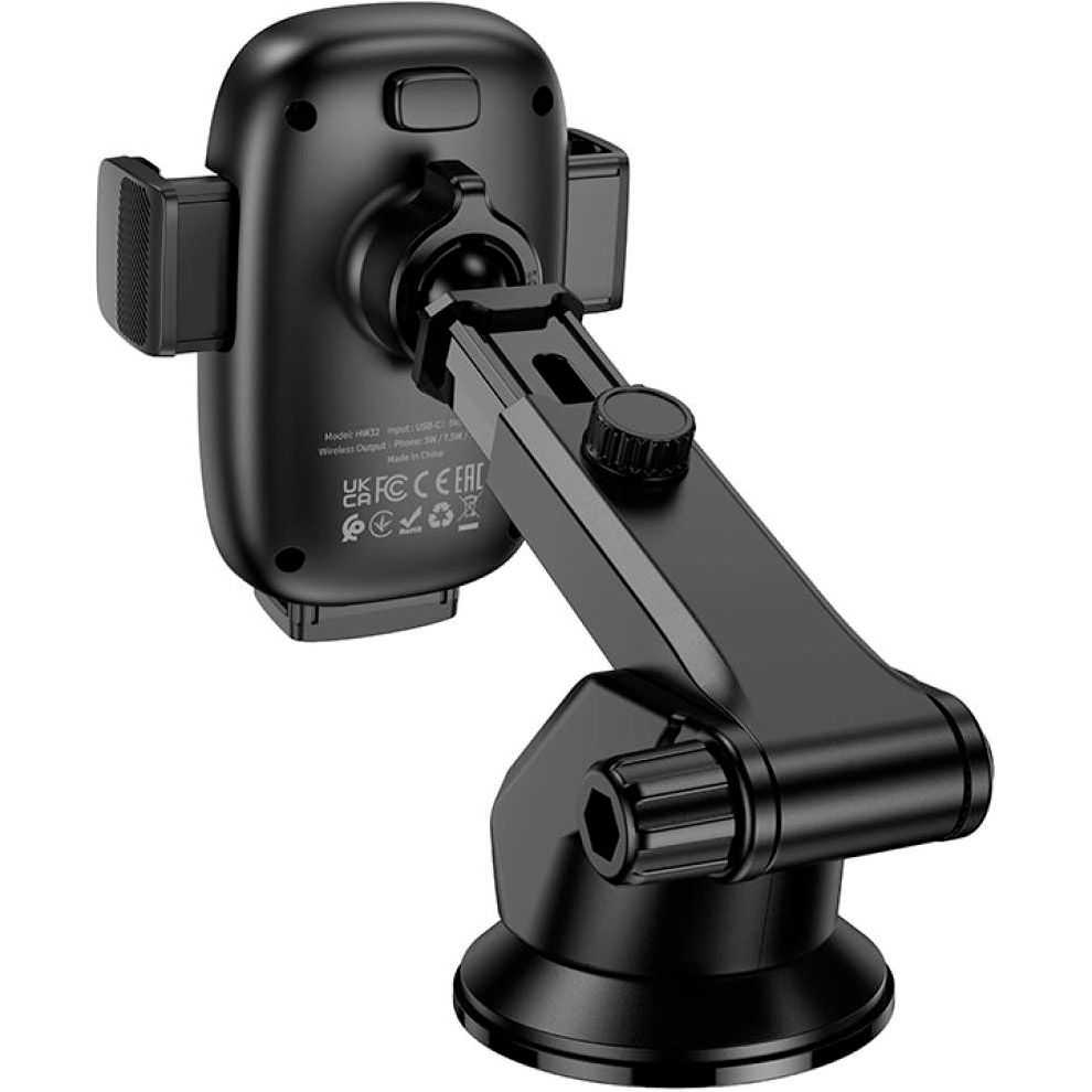 Автотримач з бездротовою зарядкою HOCO HW32 Crown Push-Type Wireless Charging Car Holder Center Console Black Metal Gray