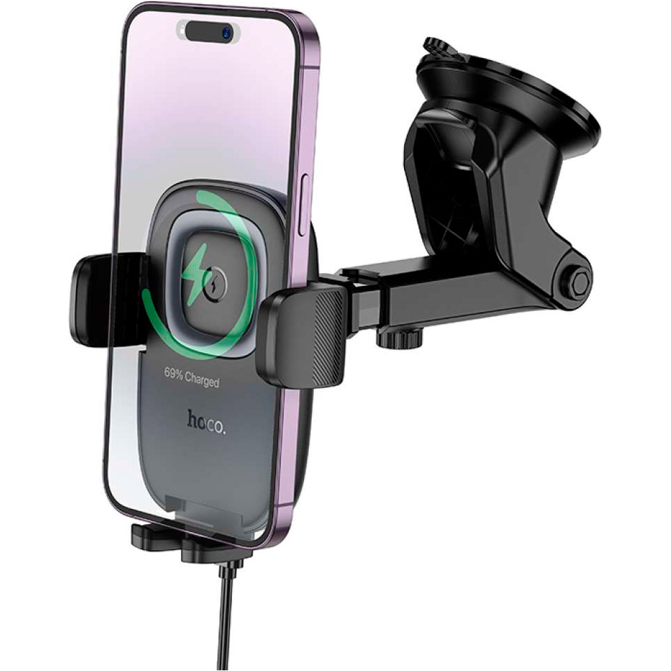 Автотримач з бездротовою зарядкою HOCO HW32 Crown Push-Type Wireless Charging Car Holder Center Console Black Metal Gray