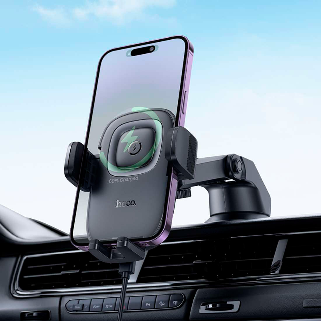 Автотримач з бездротовою зарядкою HOCO HW32 Crown Push-Type Wireless Charging Car Holder Center Console Black Metal Gray
