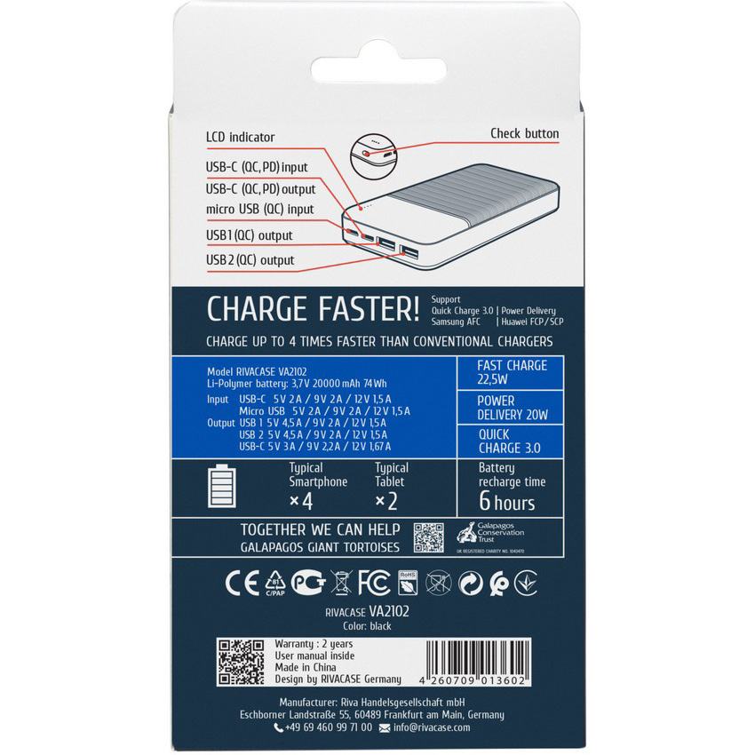 Повербанк RIVACASE Rivapower VA2102 QC/PD 22.5W 20000mAh Black
